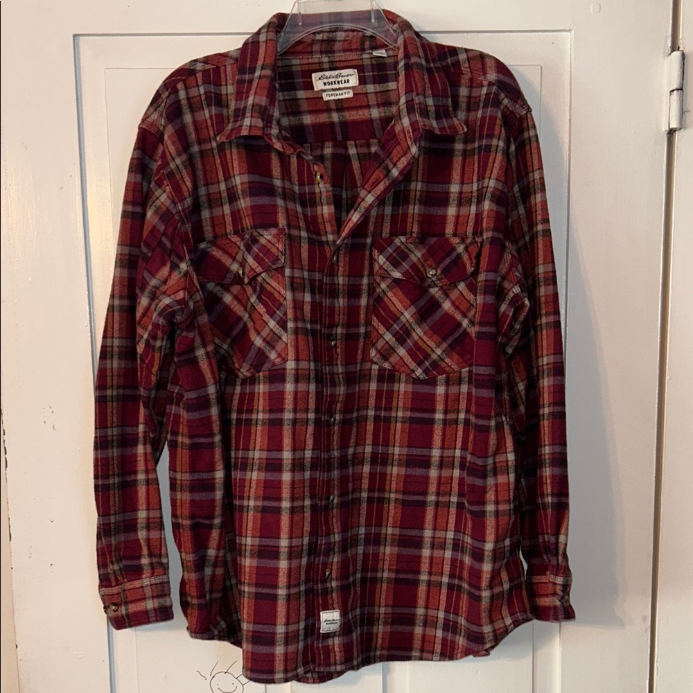 Eddie Bauer Mens Plaid Shacket XXL Burgundy & Gray Workwear Foreman Fit Jacket